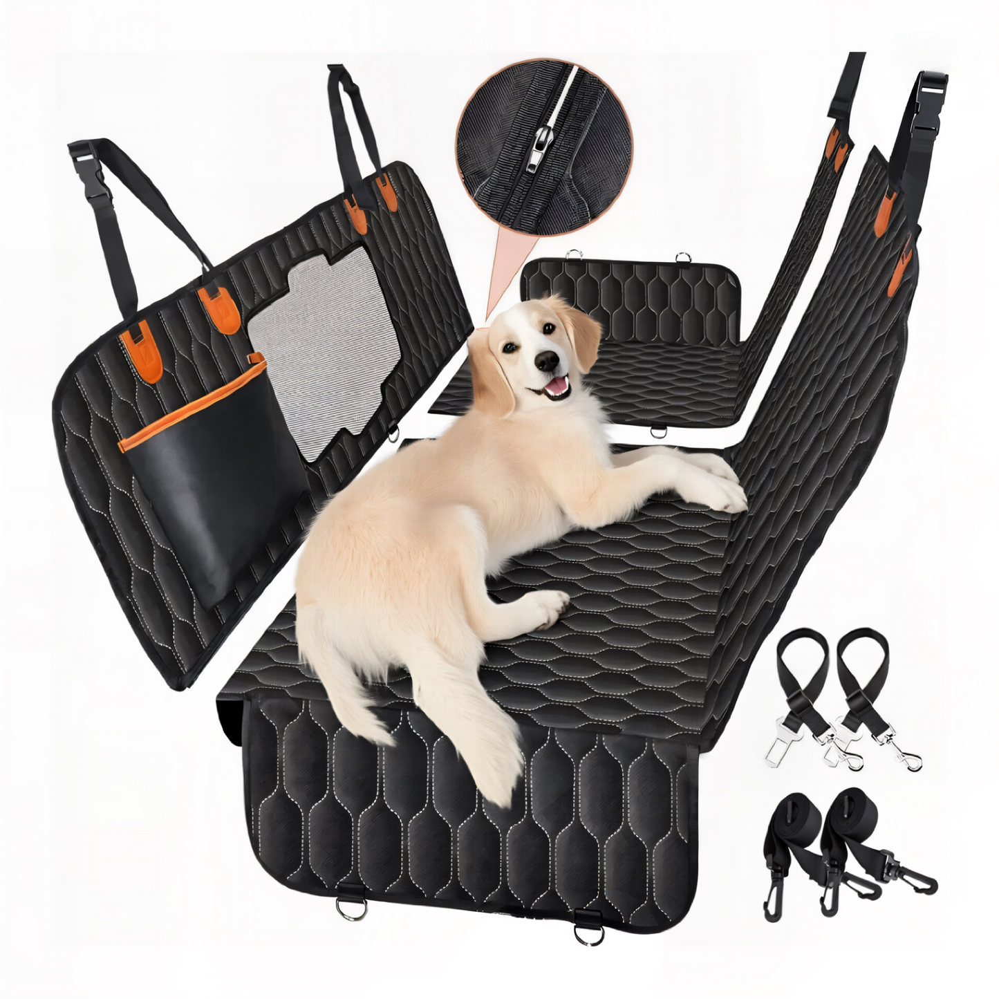 4-in-1 Premium Hundesitzbezug für Auto – Wasserdicht, Kratzfest & Rutschfest | Universeller Rücksitz- & Kofferraumschutz mit Netzfenster für bessere Belüftung | Perfekt für Hunde & Haustiere