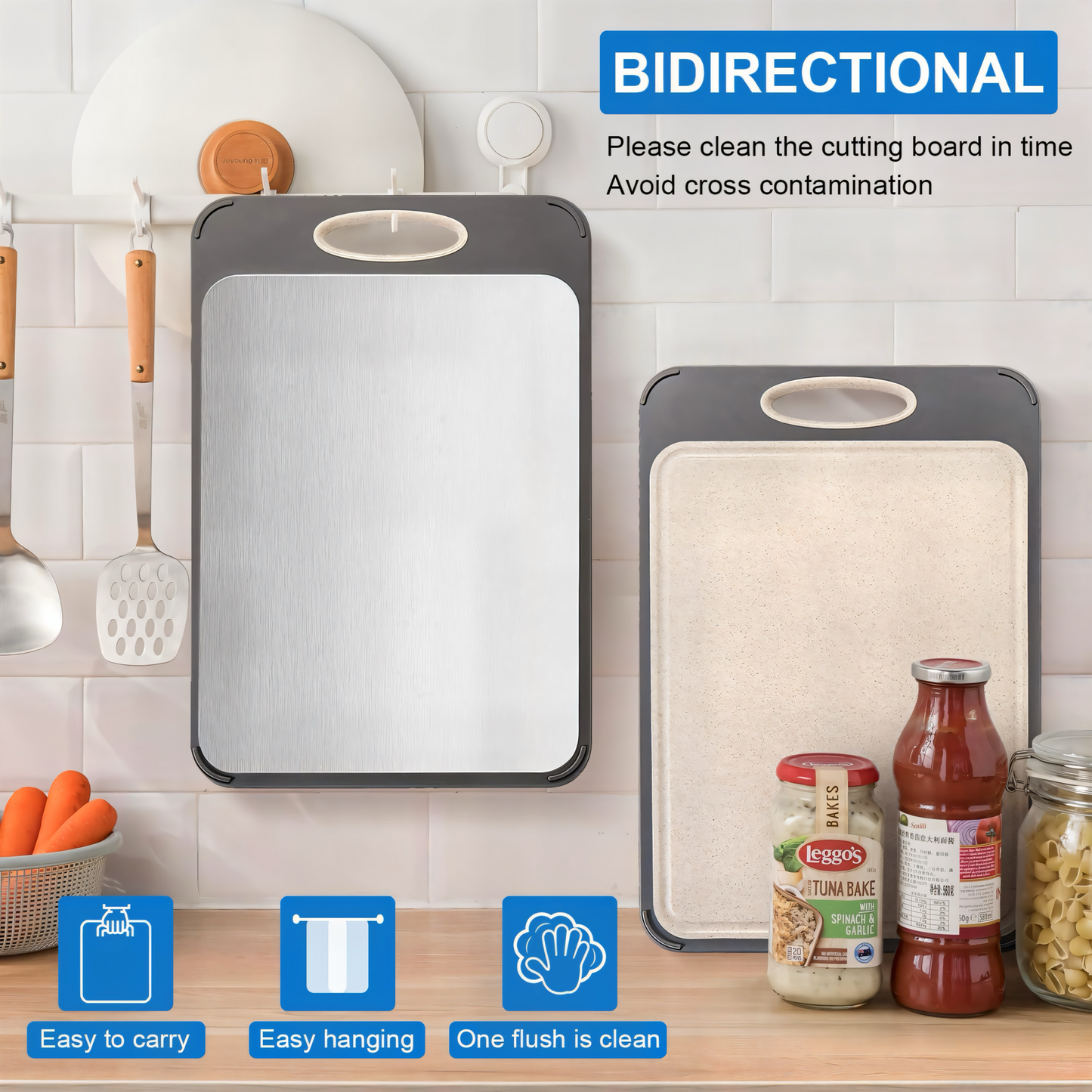 Doppelseitiges Schneidebrett – Edelstahl & Weizenstroh – Rutschfest, Hygienisch & Langlebig – Perfekt für Fleisch, Gemüse & Obst – Leicht zu reinigen