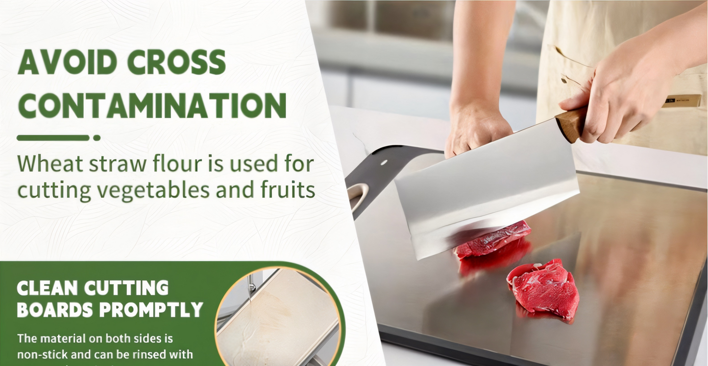 Doppelseitiges Schneidebrett – Edelstahl & Weizenstroh – Rutschfest, Hygienisch & Langlebig – Perfekt für Fleisch, Gemüse & Obst – Leicht zu reinigen