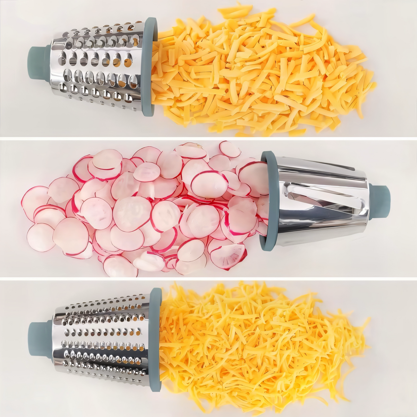 3-in-1 Profi Trommelreibe – Ultra Scharfe Edelstahlklingen | Multifunktionale Küchenreibe für Käse, Gemüse & Nüsse | Ergonomisch, Rutschfest & Spülmaschinengeeignet – Perfekt für Gourmet-Küchen