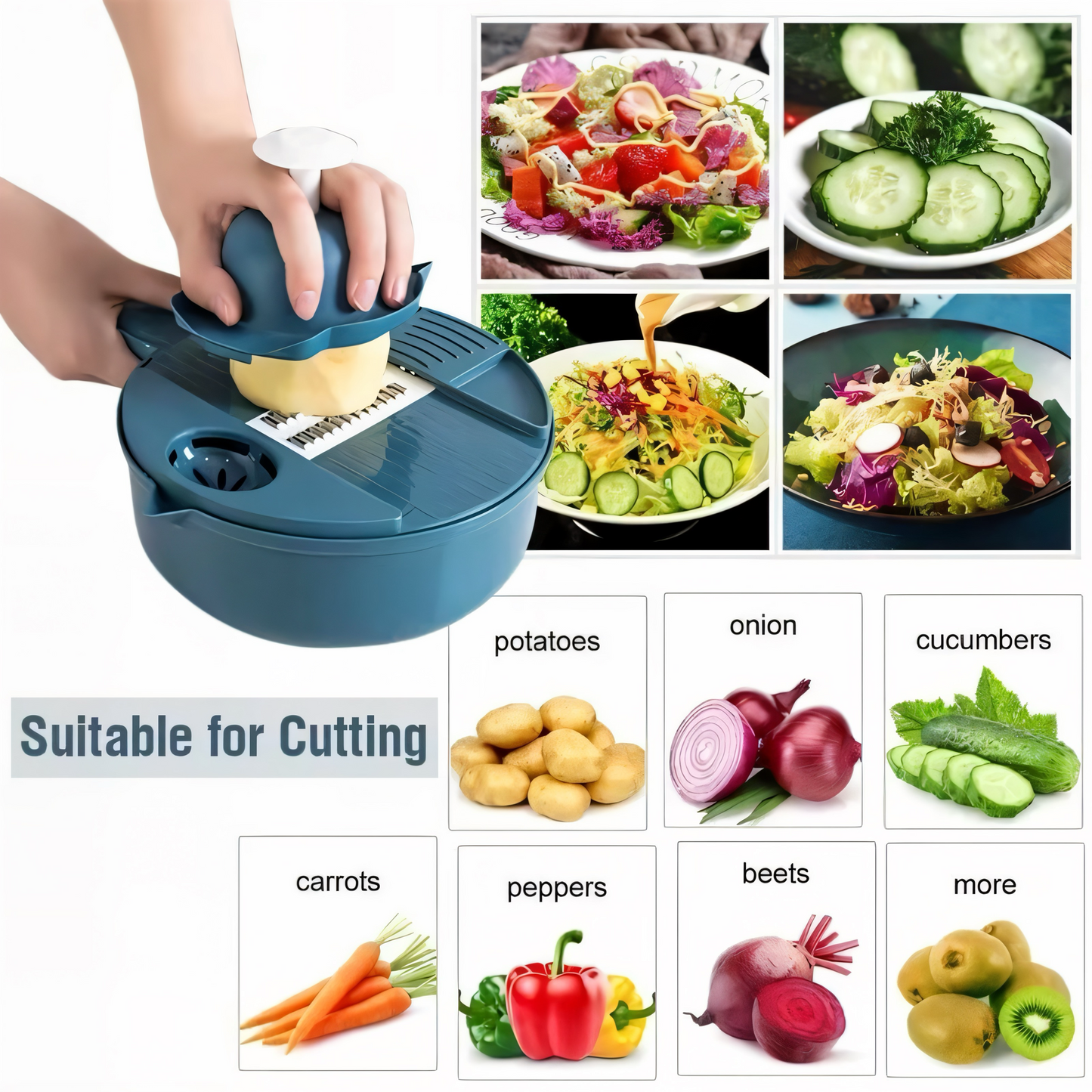Multifunktionale 16-in-1 Gemüseschneider & Mandoline | Hochwertiger Küchenhobel mit Edelstahlklingen | Inklusive Abtropfkorb, Handschutz & Aufbewahrung | Perfekt für Gemüse, Obst & Käse