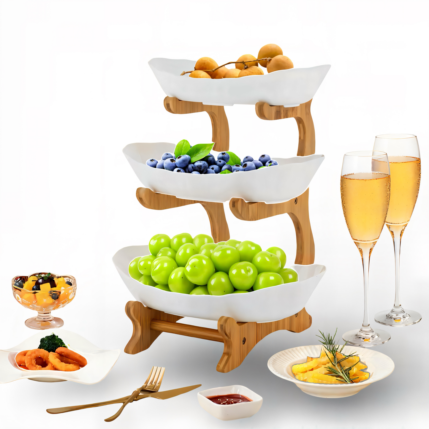 3-stöckige Bambus Etagere – Multifunktionaler Obstkorb & Servierständer mit abnehmbaren Schalen – Perfekt für Obst, Gemüse, Snacks, Nüsse & Gebäck – Stilvolle Aufbewahrung für Küche & Esstisch