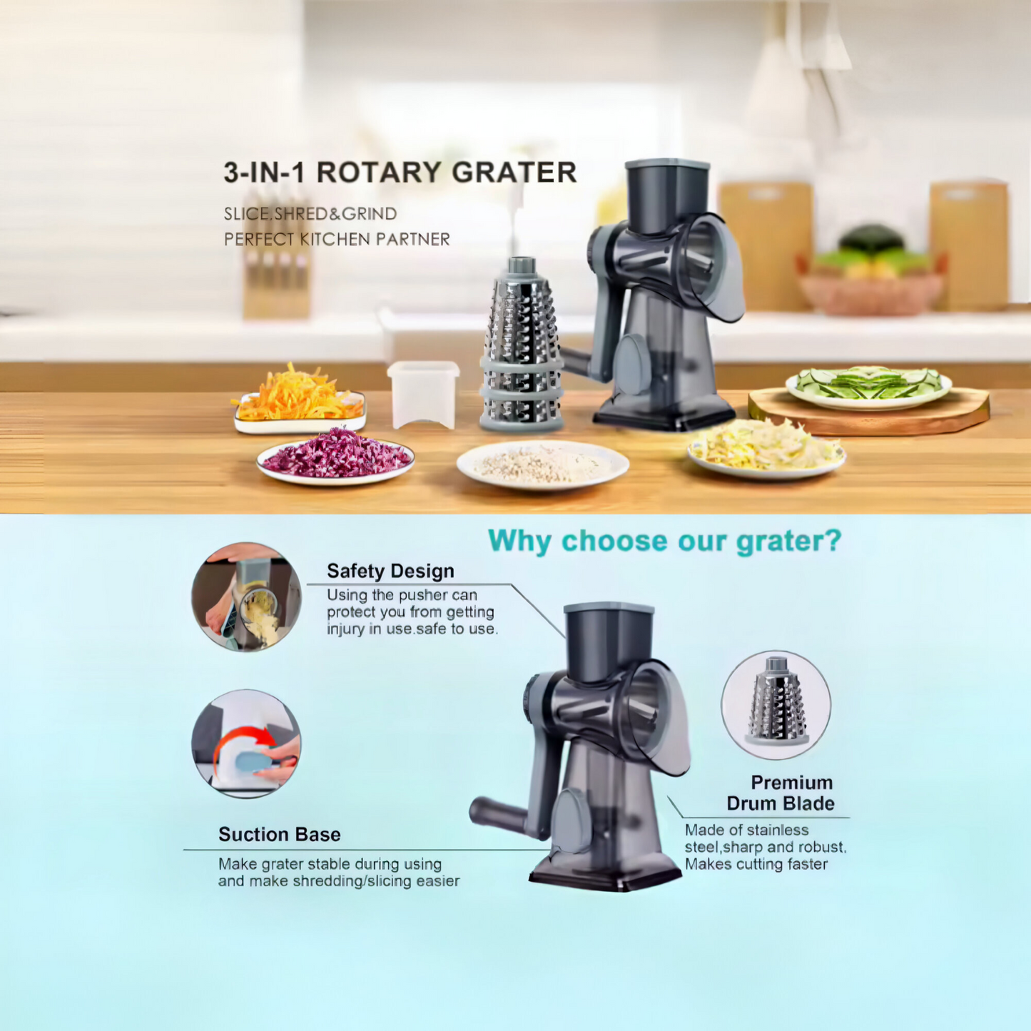 3-in-1 Profi Trommelreibe – Ultra Scharfe Edelstahlklingen | Multifunktionale Küchenreibe für Käse, Gemüse & Nüsse | Ergonomisch, Rutschfest & Spülmaschinengeeignet – Perfekt für Gourmet-Küchen