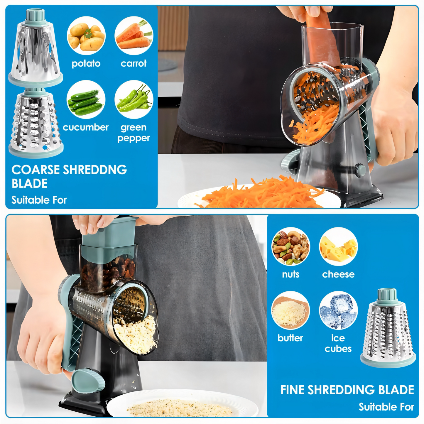 3-in-1 Profi Trommelreibe – Ultra Scharfe Edelstahlklingen | Multifunktionale Küchenreibe für Käse, Gemüse & Nüsse | Ergonomisch, Rutschfest & Spülmaschinengeeignet – Perfekt für Gourmet-Küchen