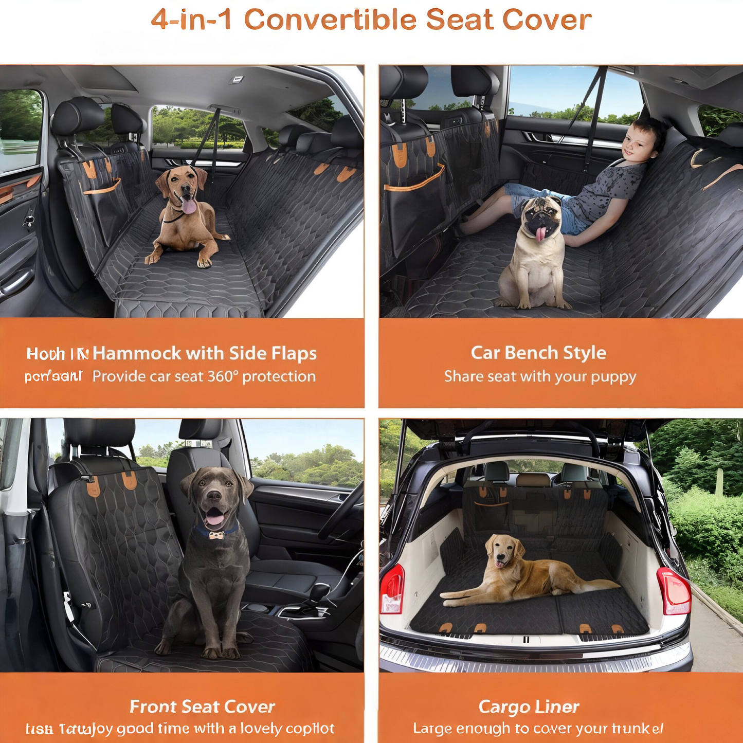 4-in-1 Premium Hundesitzbezug für Auto – Wasserdicht, Kratzfest & Rutschfest | Universeller Rücksitz- & Kofferraumschutz mit Netzfenster für bessere Belüftung | Perfekt für Hunde & Haustiere