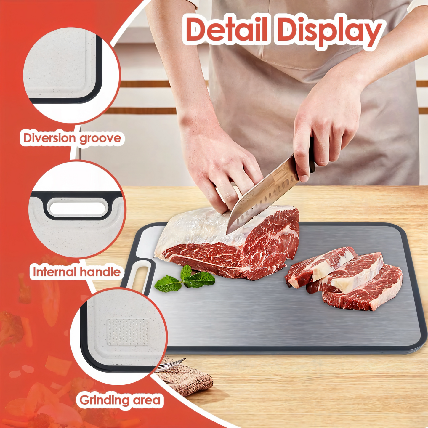 Doppelseitiges Schneidebrett – Edelstahl & Weizenstroh – Rutschfest, Hygienisch & Langlebig – Perfekt für Fleisch, Gemüse & Obst – Leicht zu reinigen