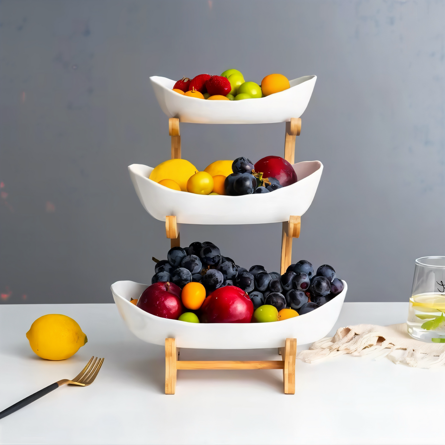 3-stöckige Bambus Etagere – Multifunktionaler Obstkorb & Servierständer mit abnehmbaren Schalen – Perfekt für Obst, Gemüse, Snacks, Nüsse & Gebäck – Stilvolle Aufbewahrung für Küche & Esstisch