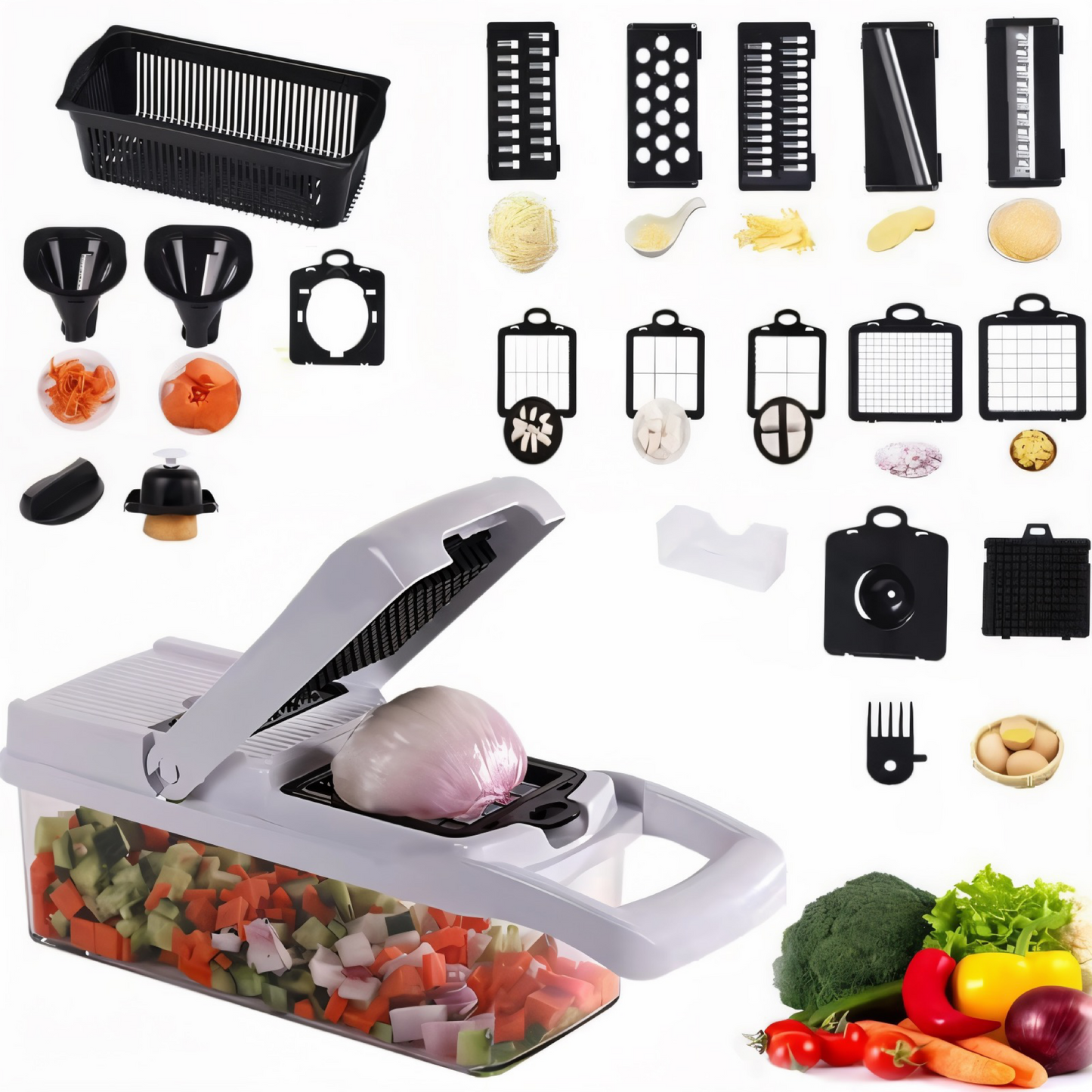 22-in-1 Profi Gemüseschneider – Multifunktionale Mandoline mit Edelstahlklingen | Würfelschneider & Reibe für Gemüse, Obst & Käse | Rutschfest & Spülmaschinenfest