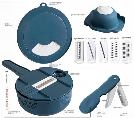 Multifunktionale 16-in-1 Gemüseschneider & Mandoline | Hochwertiger Küchenhobel mit Edelstahlklingen | Inklusive Abtropfkorb, Handschutz & Aufbewahrung | Perfekt für Gemüse, Obst & Käse