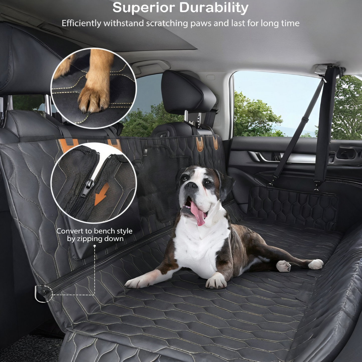4-in-1 Premium Hundesitzbezug für Auto – Wasserdicht, Kratzfest & Rutschfest | Universeller Rücksitz- & Kofferraumschutz mit Netzfenster für bessere Belüftung | Perfekt für Hunde & Haustiere