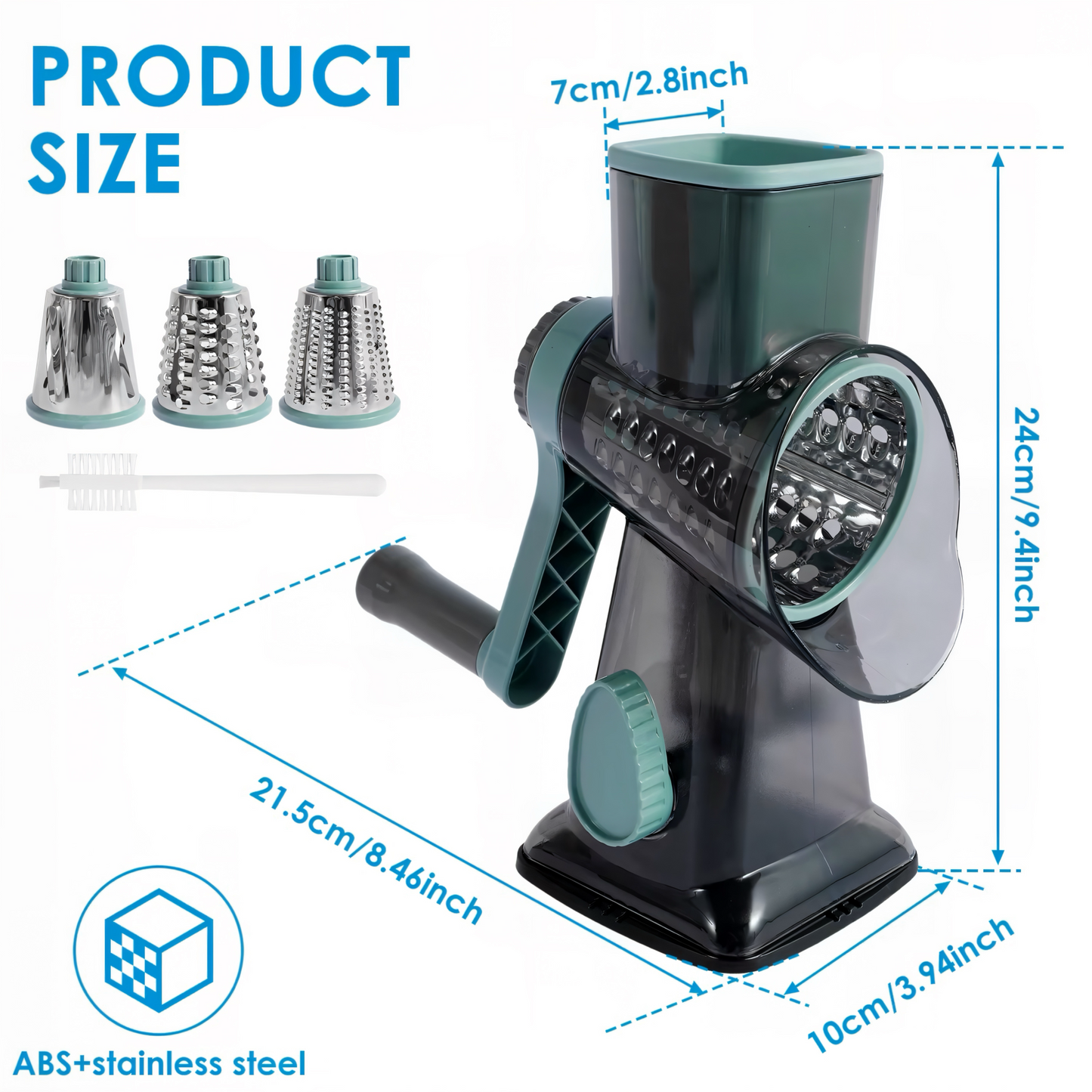 3-in-1 Profi Trommelreibe – Ultra Scharfe Edelstahlklingen | Multifunktionale Küchenreibe für Käse, Gemüse & Nüsse | Ergonomisch, Rutschfest & Spülmaschinengeeignet – Perfekt für Gourmet-Küchen