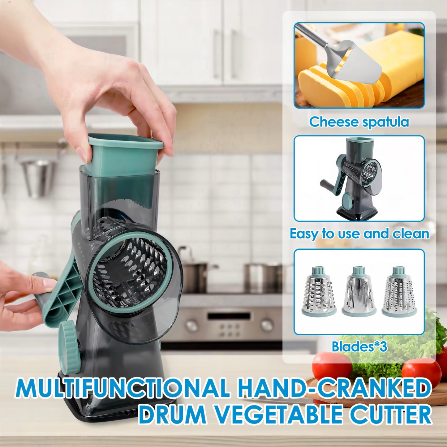 3-in-1 Profi Trommelreibe – Ultra Scharfe Edelstahlklingen | Multifunktionale Küchenreibe für Käse, Gemüse & Nüsse | Ergonomisch, Rutschfest & Spülmaschinengeeignet – Perfekt für Gourmet-Küchen