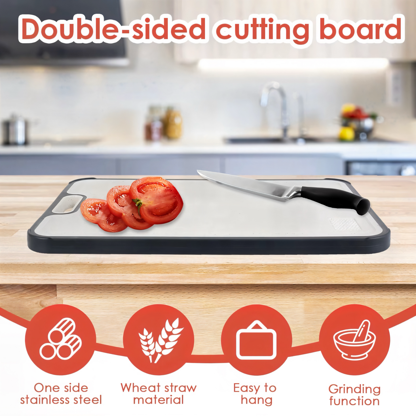 Doppelseitiges Schneidebrett – Edelstahl & Weizenstroh – Rutschfest, Hygienisch & Langlebig – Perfekt für Fleisch, Gemüse & Obst – Leicht zu reinigen