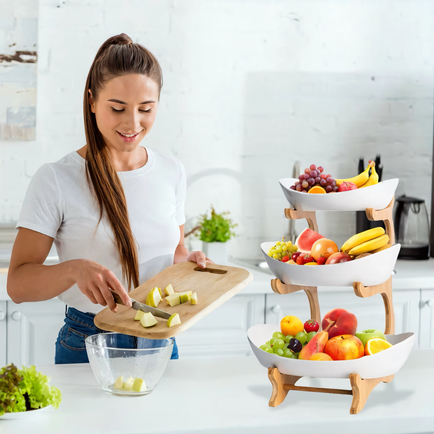 3-stöckige Bambus Etagere – Multifunktionaler Obstkorb & Servierständer mit abnehmbaren Schalen – Perfekt für Obst, Gemüse, Snacks, Nüsse & Gebäck – Stilvolle Aufbewahrung für Küche & Esstisch