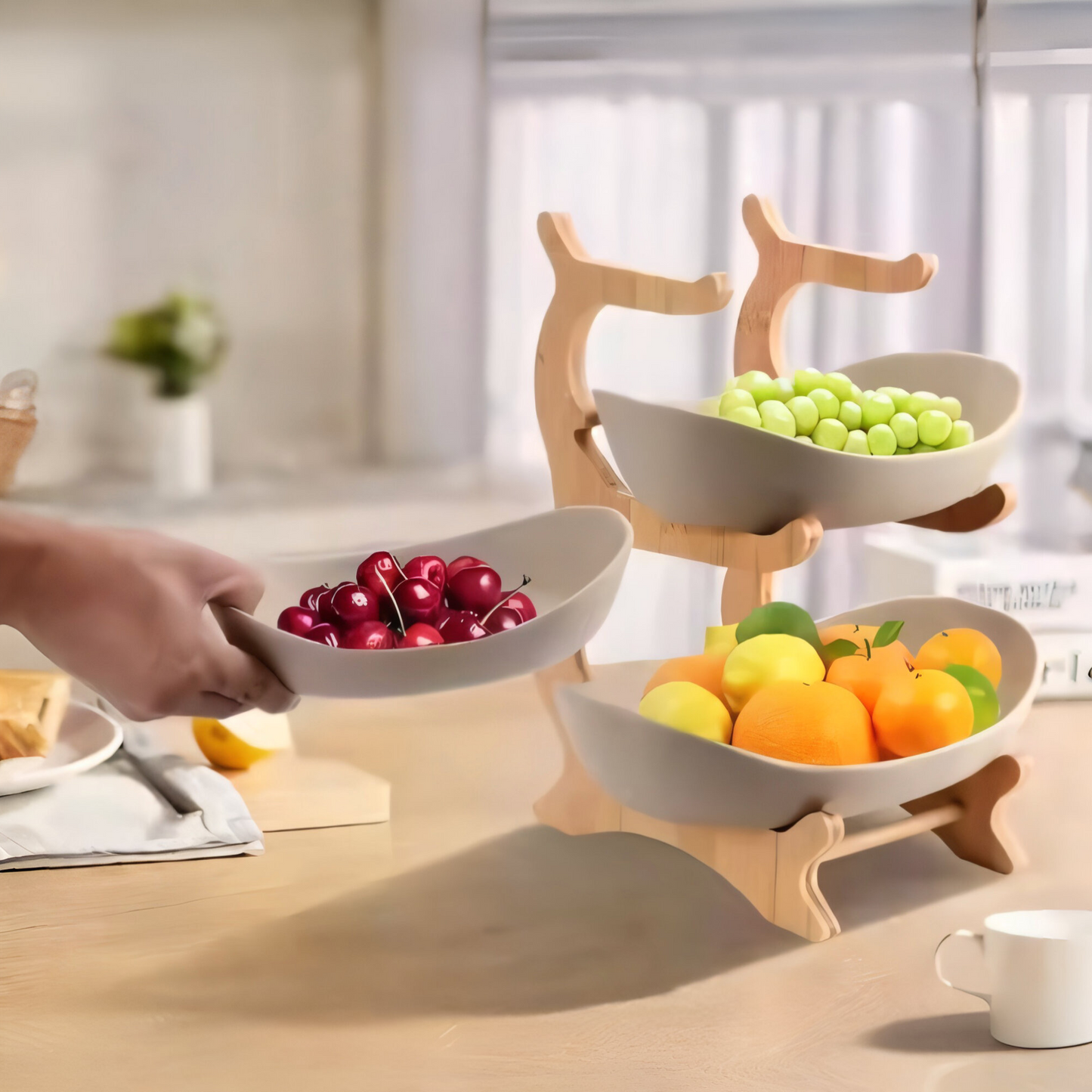 3-stöckige Bambus Etagere – Multifunktionaler Obstkorb & Servierständer mit abnehmbaren Schalen – Perfekt für Obst, Gemüse, Snacks, Nüsse & Gebäck – Stilvolle Aufbewahrung für Küche & Esstisch