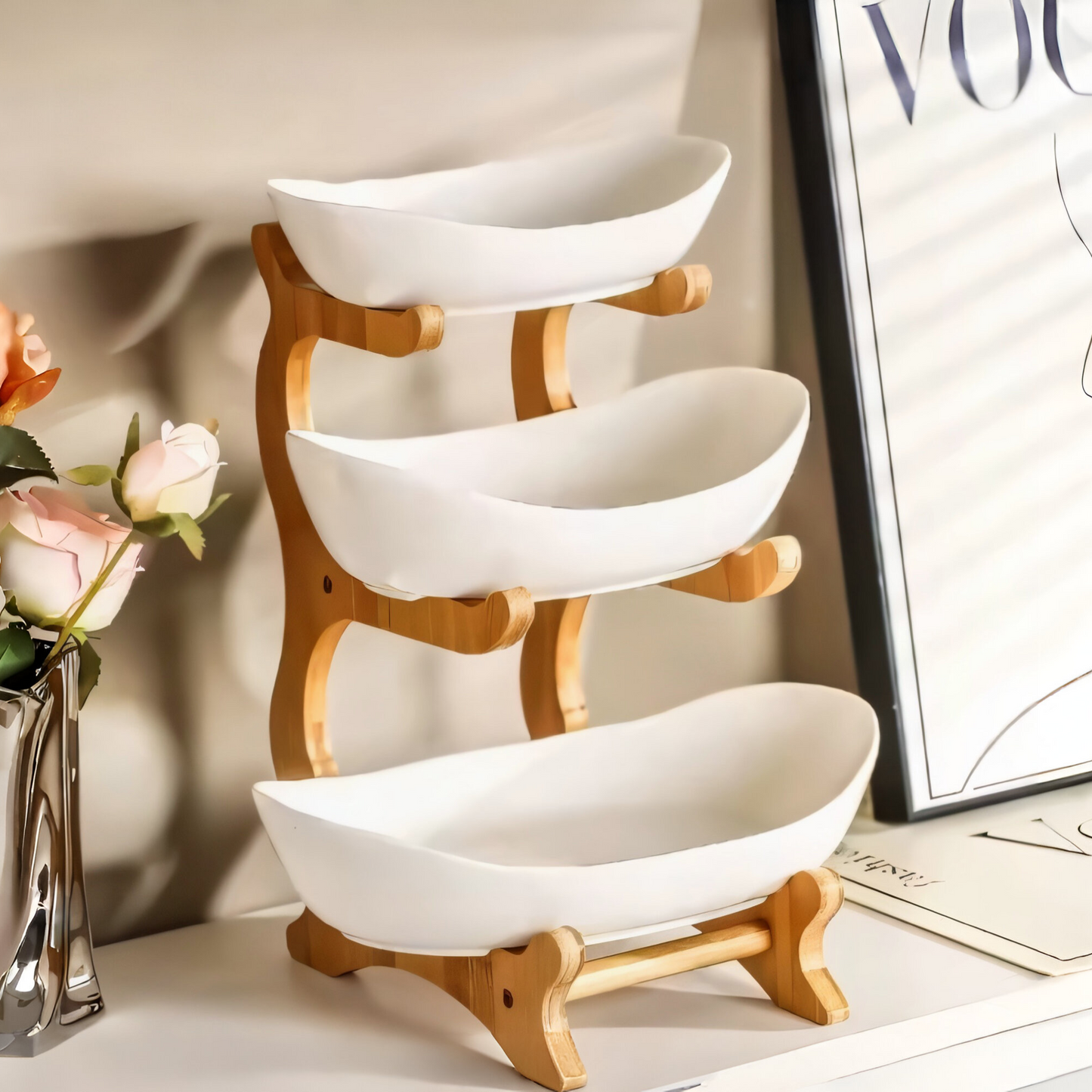 3-stöckige Bambus Etagere – Multifunktionaler Obstkorb & Servierständer mit abnehmbaren Schalen – Perfekt für Obst, Gemüse, Snacks, Nüsse & Gebäck – Stilvolle Aufbewahrung für Küche & Esstisch