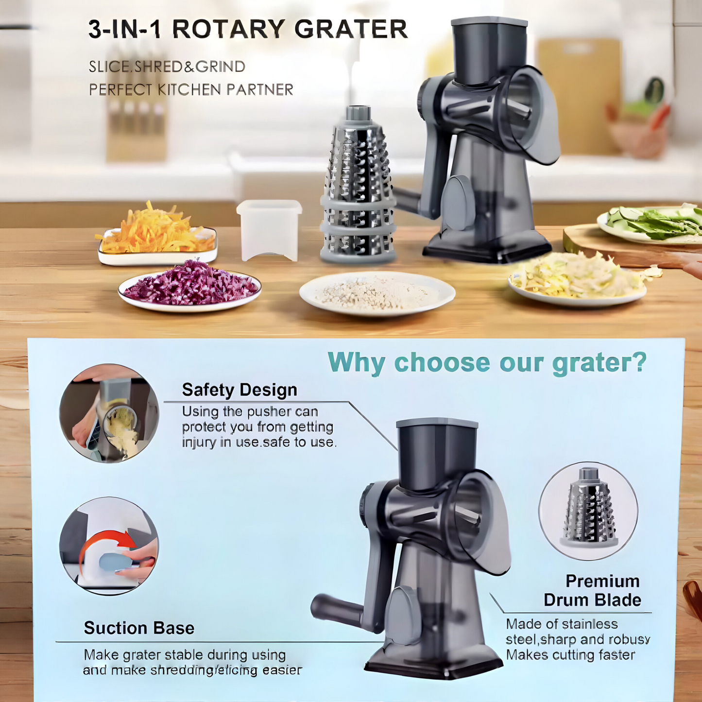 3-in-1 Profi Trommelreibe – Ultra Scharfe Edelstahlklingen | Multifunktionale Küchenreibe für Käse, Gemüse & Nüsse | Ergonomisch, Rutschfest & Spülmaschinengeeignet – Perfekt für Gourmet-Küchen