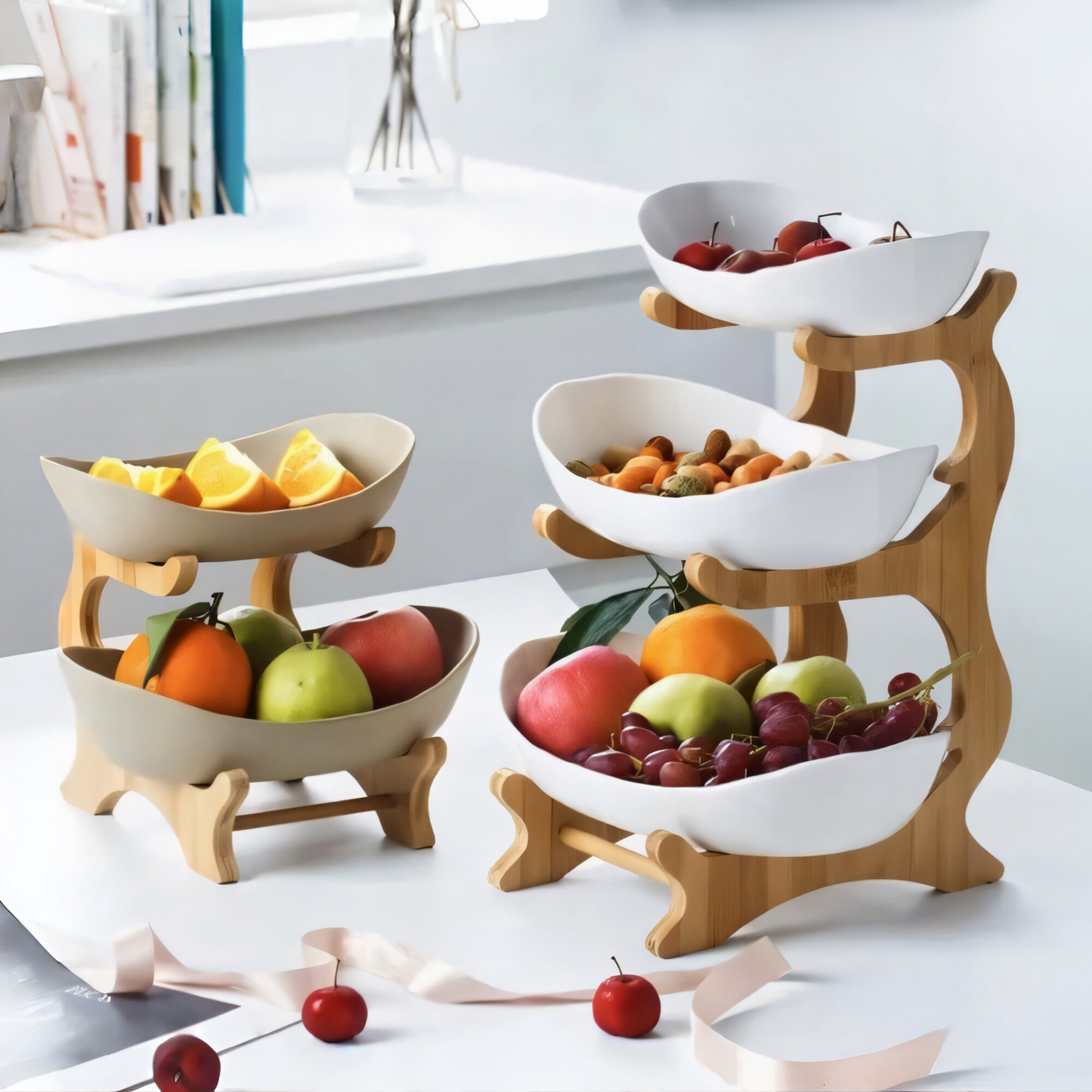 3-stöckige Bambus Etagere – Multifunktionaler Obstkorb & Servierständer mit abnehmbaren Schalen – Perfekt für Obst, Gemüse, Snacks, Nüsse & Gebäck – Stilvolle Aufbewahrung für Küche & Esstisch