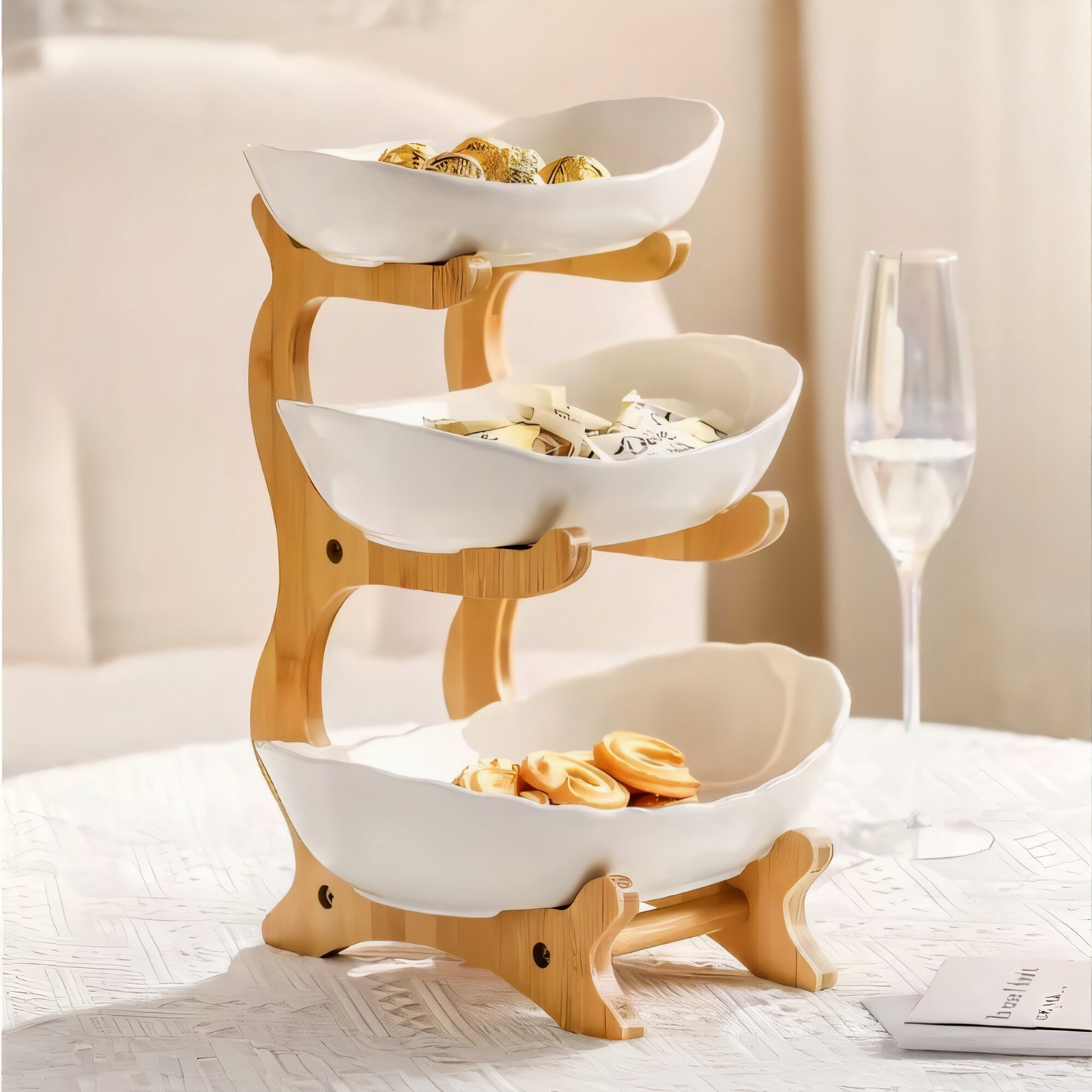 3-stöckige Bambus Etagere – Multifunktionaler Obstkorb & Servierständer mit abnehmbaren Schalen – Perfekt für Obst, Gemüse, Snacks, Nüsse & Gebäck – Stilvolle Aufbewahrung für Küche & Esstisch