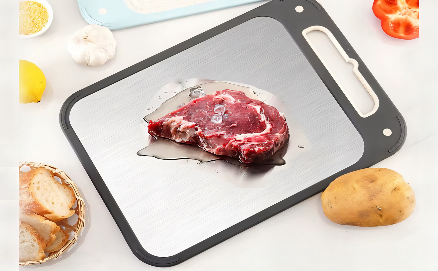 Doppelseitiges Schneidebrett – Edelstahl & Weizenstroh – Rutschfest, Hygienisch & Langlebig – Perfekt für Fleisch, Gemüse & Obst – Leicht zu reinigen