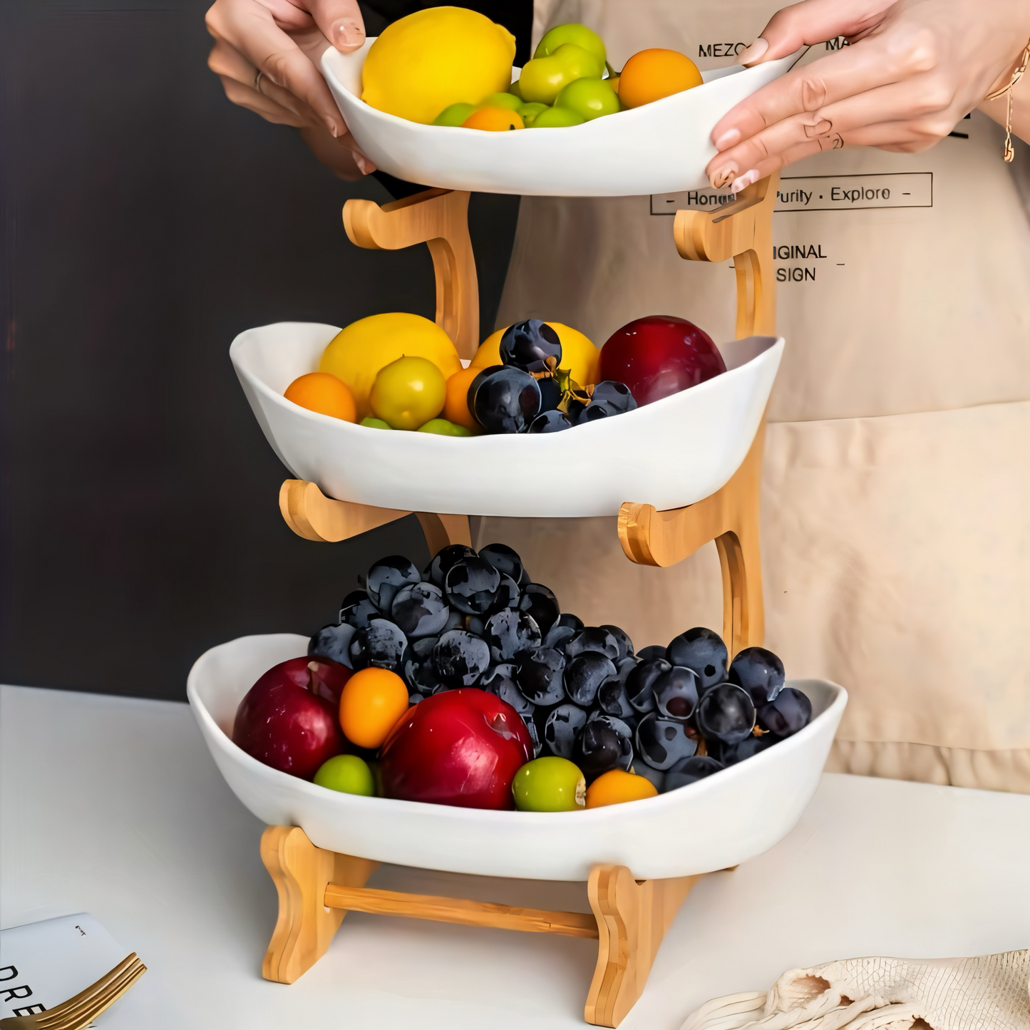 3-stöckige Bambus Etagere – Multifunktionaler Obstkorb & Servierständer mit abnehmbaren Schalen – Perfekt für Obst, Gemüse, Snacks, Nüsse & Gebäck – Stilvolle Aufbewahrung für Küche & Esstisch