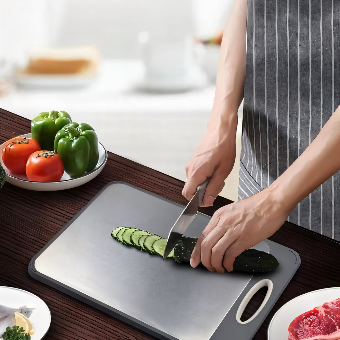 Doppelseitiges Schneidebrett – Edelstahl & Weizenstroh – Rutschfest, Hygienisch & Langlebig – Perfekt für Fleisch, Gemüse & Obst – Leicht zu reinigen